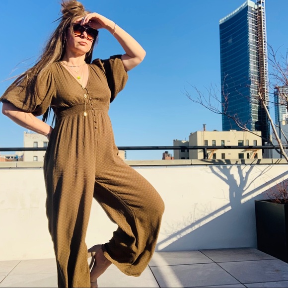 UO Vintage Bell Sleeve V-neck Earthy Jumpsuit Long Legs - Picture 3 of 16